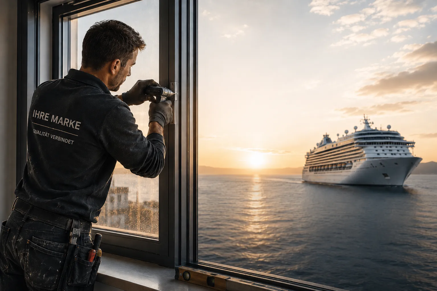 Dieses Bild wurde mithilfe von Künstlicher Intelligenz erstellt: Handwerker bei der Arbeit, im Hintergrund ein Kreuzfahrtschiff als Prämienreise